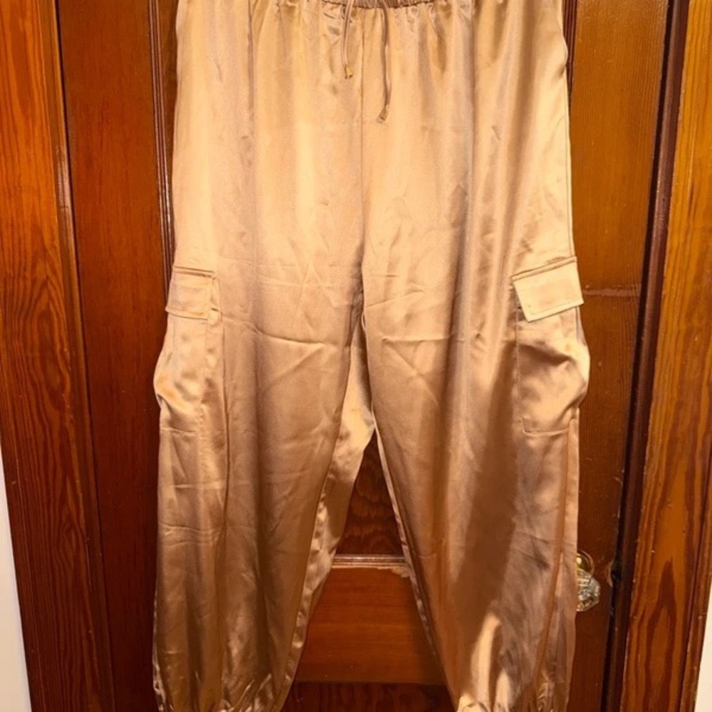 Men's Satin Cargo Pants in Beige - Casual Drawstring Waist